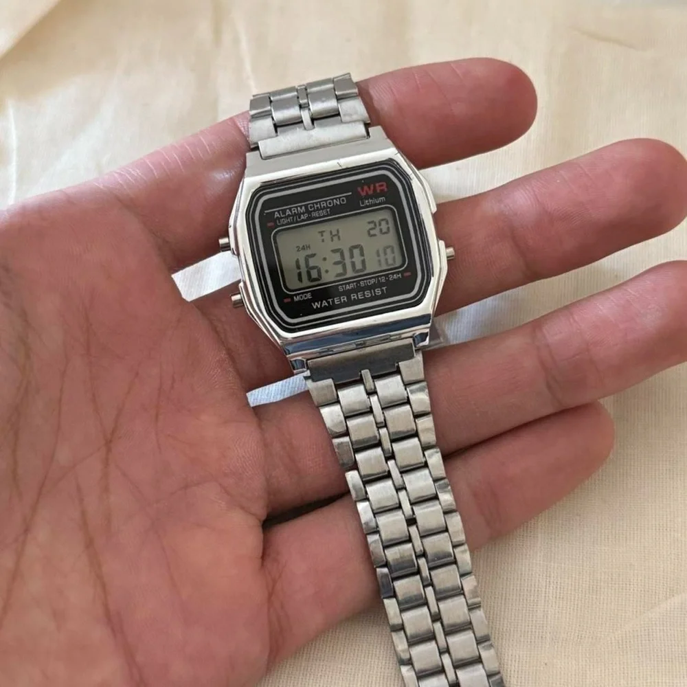Y2K 2000s vintage retro style silver stainless steel digital watch